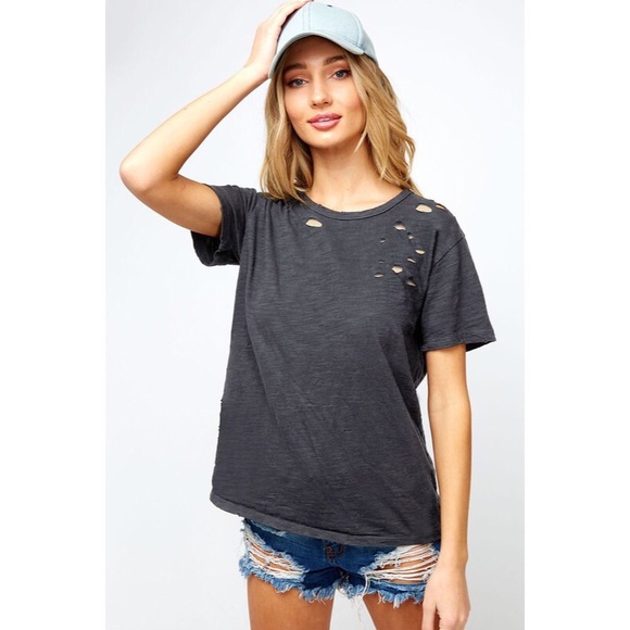 likeNarly Tops - Desiree Distressed Relaxed Tee - Charcoal